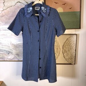 Reclaimed Vintage Womens Button Front Collared Mini Shirt Dress Blue Check Sz 6